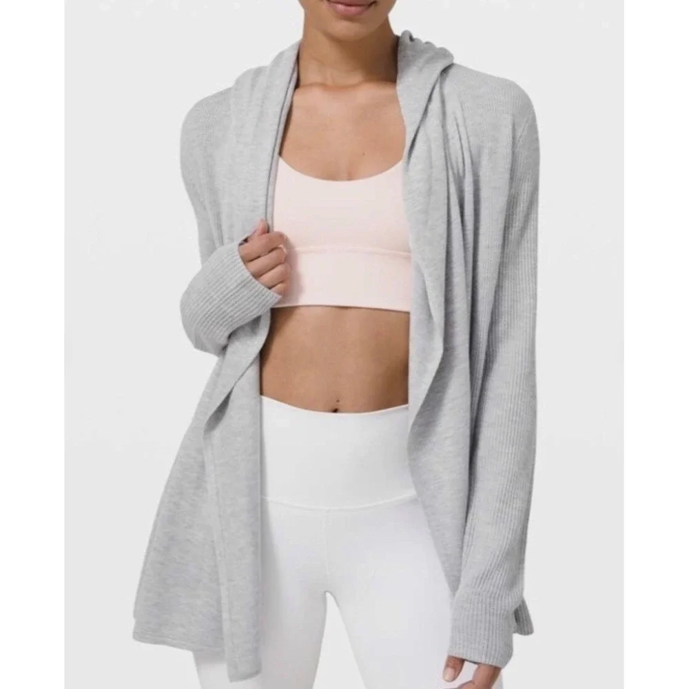 Lululemon Sundown Sweater Wrap Women's Sz 8 Gray Cardigan Hooded Cashmere‎ Blend